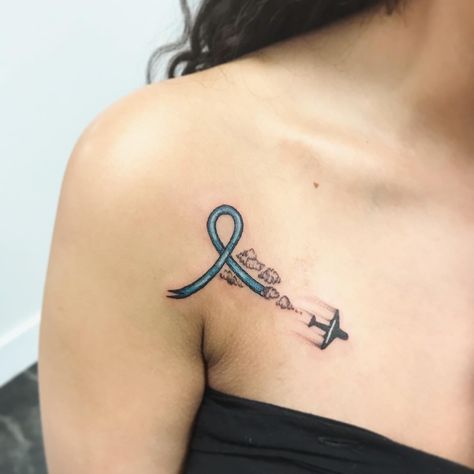 Teal ribbon tattoo.Airplane tattoo. Teal Ribbon Tattoo, Tattoo Airplane, Beachy Tattoos, Airplane Tattoo, Ribbon Tattoos, Teal Ribbon, Butterfly Tattoo, Cute Tattoos, Tattoo Art