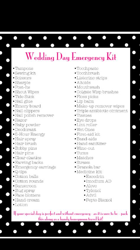 Wedding Day Emergency Kit - Pack for the bride and give to her as a gift before her wedding day! Bridal Beauty Checklist, Wedding Day Emergency Kit, Bride Emergency Kit, Wedding Emergency Kit, Wedding Day Checklist, Wedding Kit, Wedding Day Tips, Wedding Essentials, Wedding Preparation