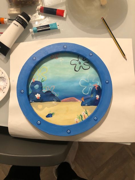 painting of the scenery from a porthole in spongebob Spongebob Mirror, Spongebob Window Painting Bubble Buddy, Spongebob Sky Painting, Spongebob Window, Sponge Bob Window Painting, Spongebob Window Painting, Sponge Bob Window, Painting Spongebob Window, Spongebob Scenes To Paint