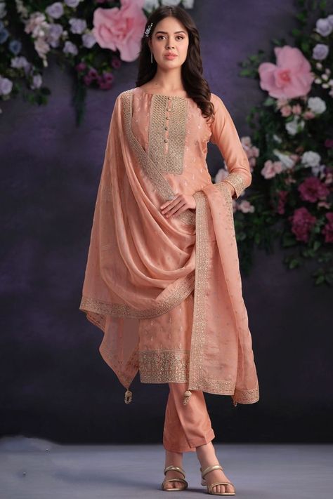 Peach Embroidered Shimmer Organza Pant Kameez Peach Churidar, Organza Salwar Suit, Organza Salwar, Anarkali Lehenga Gowns, Designer Sarees Wedding, Organza Suits, Anarkali Lehenga, Dress Pant Suit, Indian Salwar Kameez