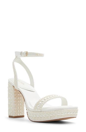 All-over pearlescent studs add an ethereal flourish to this square-toed platform sandal lofted on a towering block heel. 4" heel; 1" platform Synthetic and textile upper and lining/rubber and leather sole Imported Wedding Shoes Block Heel Platform, White Platform Block Heels For Formal Events, White Formal Shoes, Bridal Shoes Block Heel Platform, Wedding Platform Shoes, Wedding Platform Sandals With Block Heel, Formal White Platform Block Heels, Pearl Heels, Hoco Heels