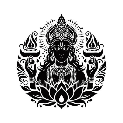 A black and white drawing of a woman wit... | Premium Vector #Freepik #vector #lakshmi #parvati #goddess-durga #laxmi Laxmi Drawing For Diwali, Lotus Vector Design, Parvati Goddess, Mandala Logo Design, Lotus Vector, Mandala Logo, Drawing Of A Woman, Simple Kitchen Design, Goddess Durga