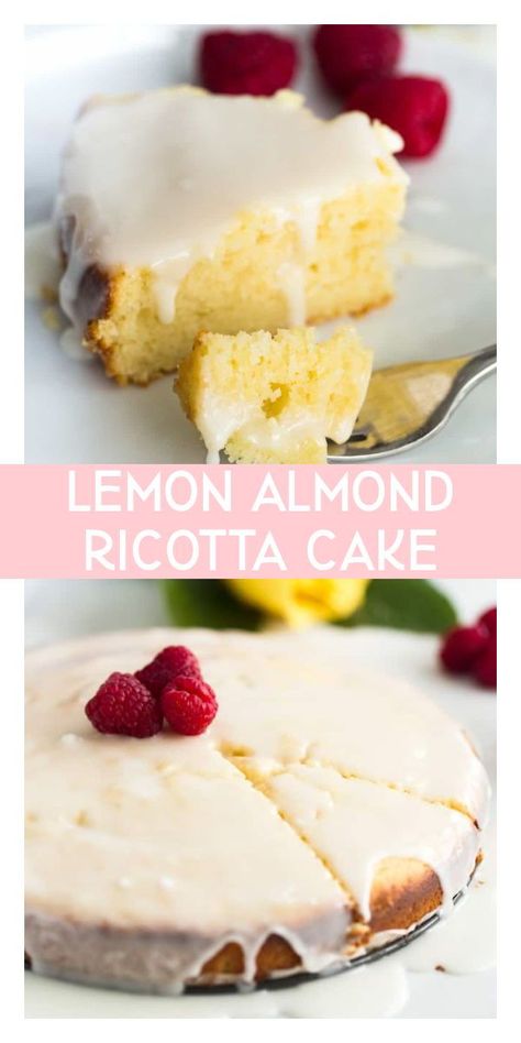 Lemon Almond Ricotta Cake with Lemon Glaze is a perfect elegant dessert! Lemon Ricotta Filling, Lemon Ricotta Desserts, Desserts With Ricotta Cheese, Almond Ricotta Cake, Ricotta Cheese Desserts, Ricotta Dessert, Lemon Blueberry Pound Cake, Almond Ricotta, Lemon Ricotta Cookies