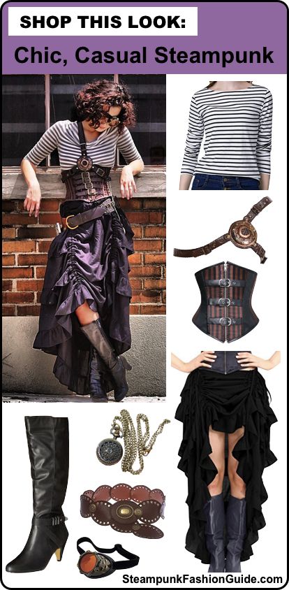 How to recreate this chic, casual Steampunk outfit. Includes product and store recommendations and tips on putting it all together. Recommendations for striped boatneck tops, harnesses, striped underbust corsets, high low hem skirts, pocket watches, black leather boots, belts and monocles. Perfect for a steampunk villainess costume. - For costume tutorials, clothing guide, fashion inspiration photo gallery, calendar of Steampunk events, & more, visit SteampunkFashionGuide.com Steampunk Costume Women, Steampunk Outfits Women, Steampunk Outfits, Everyday Steampunk, Casual Steampunk, Masquerade Outfit, Steampunk Halloween, Costume Tutorial, Clothing Guide