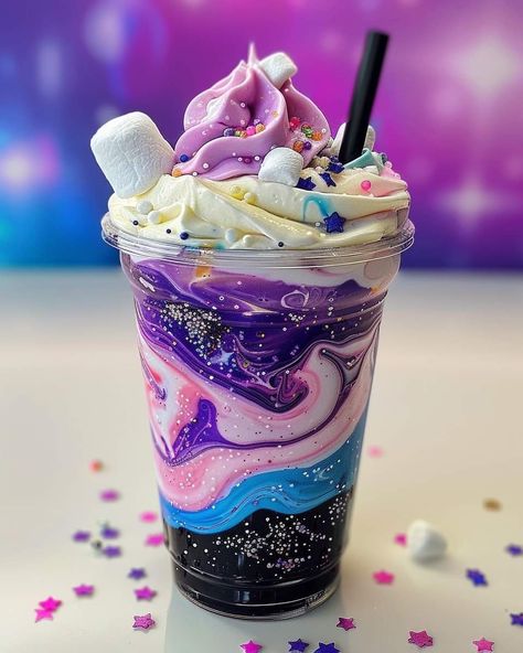 Cool Milkshakes, Cool Drinks For Kids, Galaxy Milkshake, Cute Desserts Aesthetic, Weird Drinks, Rainbow Drinks, Cute Wallpapers For Android, Colorful Desserts, Colorful Drinks