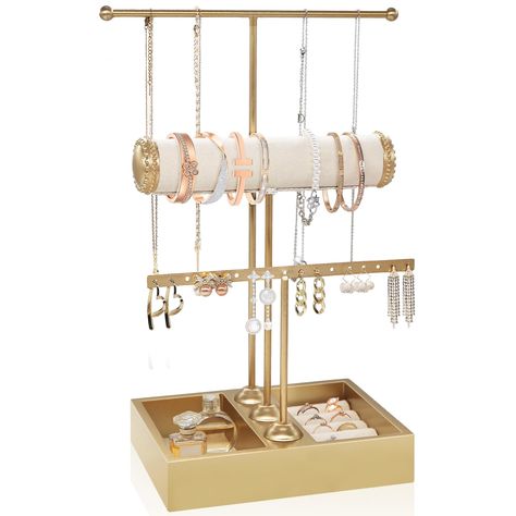 PRICES MAY VARY. 💟【𝐏𝐫𝐨𝐯𝐢𝐝𝐞𝐬 𝐄𝐱𝐜𝐞𝐩𝐭𝐢𝐨𝐧𝐚𝐥 𝐒𝐭𝐨𝐫𝐚𝐠𝐞】A jewelry organizer stand that you can use to display all your beautiful jewelry including your necklaces, bracelets, watches, earrings, rings and other accessories! 💟【𝟑 𝐓𝐢𝐞𝐫 𝐓-𝐛𝐚𝐫 𝐃𝐞𝐬𝐢𝐠𝐧】This jewelry holder organizer features 5 sections. Its 3 tier T-bar design is perfect for hanging jewelry and bracelets, and the wooden base is a great place to store rings, pins, brooches, and other small items. 💟【𝐏𝐫? Jewelry Atand, Gold Necklace Holder, Preppy Jewelry Rack, Jewelry Holder Braclet, Organizer For Jewelry, Cute Jewelry Organizer, Gold Room Accessories, Earring Holde, Jewlrey Organization