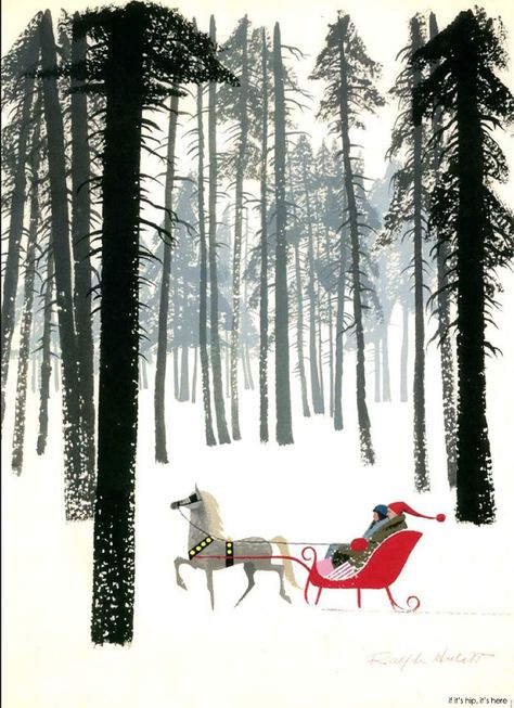 Ralph Hulett, Christmas Card Illustration, Mid Century Holiday, Winter Illustration, Christmas Card Art, Mid Century Christmas, Sleigh Ride, Christmas Past, Winter Art