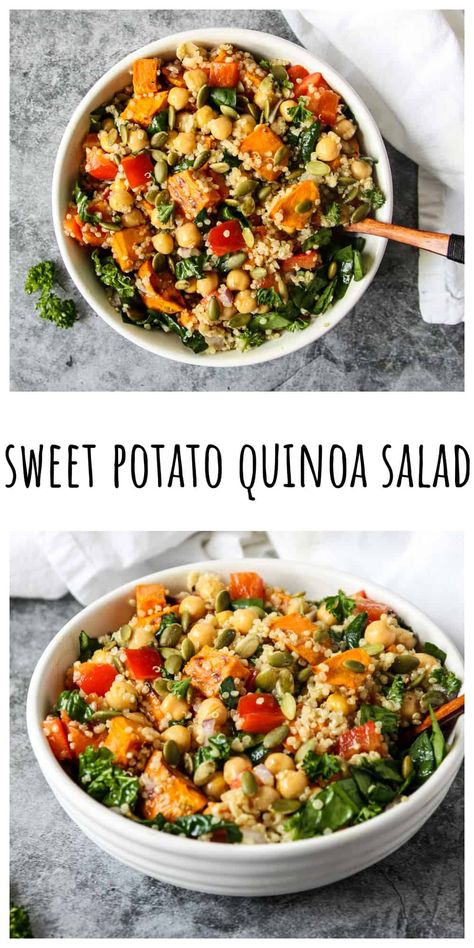 Sweet Potato Quinoa Salad with roasted sweet potatoes, nutty quinoa, chickpeas & veggies is a delicious, nutritious, and hearty salad that will fuel your day. It's perfect for meal prep, packed lunches, pot lucks, and makes a great side dish. Lunch Grain Bowl, Quinoa Sweet Potato Bowl, Quinoa Side Dish Recipes, Fall Salads For A Crowd, Quinoa Salad Recipes Cold, Plant Based Salads, Potato Delight, Rainbow Quinoa Salad, Gf Salads