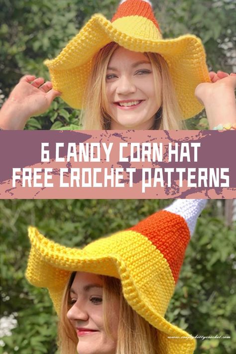 These 6 FREE Candy Corn Hat Crochet patterns offer a fun and stylish way to stay cozy during the cooler months while showcasing your love for this classic candy. #freecrochetpatterns Candy Corn Witch Hat Crochet, Crochet Pie Hat Free Pattern, Crochet Candy Corn Hat, Crochet Candy Corn Pattern Free, Hat Crochet Patterns Free, Cotton Candy Halloween Costume, Candy Corn Crochet, Hat Crochet Patterns, Candy Corn Hat