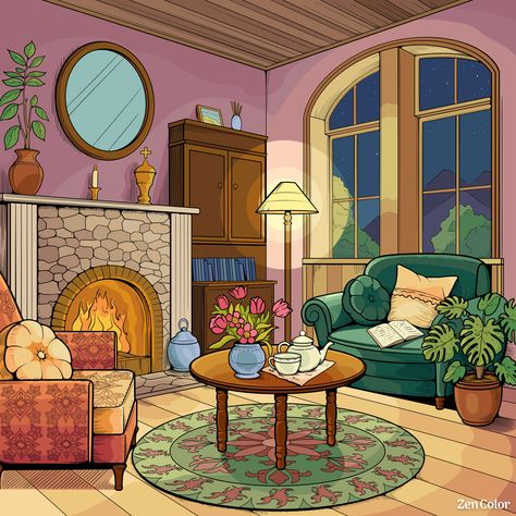 Cottage Drawing, Living Room Cartoon, Comfort Art, Alchemy Art, Number Game, House Cartoon, Pretty Artwork, Happy Wallpaper, Relaxing Colors