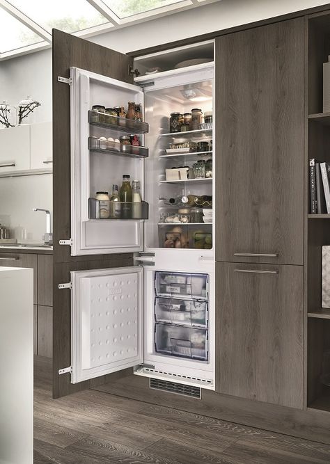 Kitchen Integrated Fridge, Modern Kitchen Fridge Cabinet, Kitchen With Integrated Fridge, Inbuilt Refrigerator In Kitchen, Integrated Kitchen Design, Kitchen Ideas With Fridge, Inbuilt Fridge Kitchen, Modern Fridge Design, Kitchen Design With Fridge