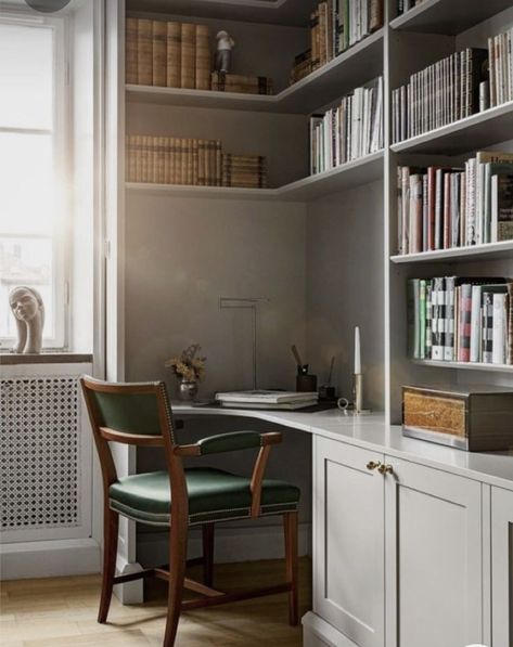 Built In Desk Library, Study Space In Living Room, Office Library Built Ins, Office With Bookshelf Wall, Built In Shelves With Desk, Bookshelves And Desk, Built In Study, Corner Library, Built In Desk And Shelves