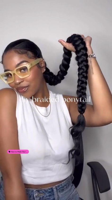 Braided Ponytail Tutorial❤️ in 2022 | Hair styles, Natural hair styles, Protective hairstyles braids Braided Side Ponytail For Black Women, Quick And Easy Hairstyles To Do With Weave, Easy Hairstyle Using Braiding Hair, Slik Ponytail With Braids, Black Woman Hairstyle Ponytails, Kanekalon Ponytail Braid, Styles With Braiding Hair Black Women, Braided Ponytail Diy, Knotless Braided Ponytail