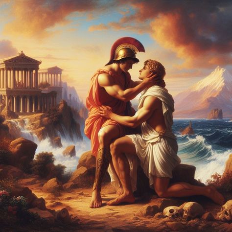 Achilles and Patroclus Song Of Achilles Patroclus, Achilles And Patroclus Kiss, Patroclus And Achilles, Male Body Art, Achilles And Patroclus, Queer Books, Character Inspiration Male, Greek Mythology Art, My Fantasy World