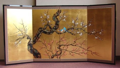 Silk Screen Art, Japan Crafts, Japanese Screen, Japan Painting, Carved Furniture, Red Maple, Japanese Wall, Folding Screen, Japanese Painting