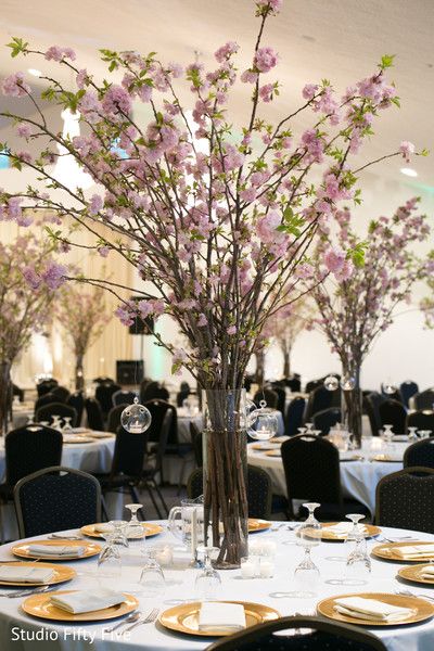 Fantastic cherry blossom centerpieces. Cherry Blossom Centerpieces, Cherry Blossom Centerpiece, Wedding Table Designs, Candle Wedding Decor, Candle Wedding, Outdoor Indian Wedding, South Indian Bride Hairstyle, Indian Wedding Cakes, Indian Wedding Reception