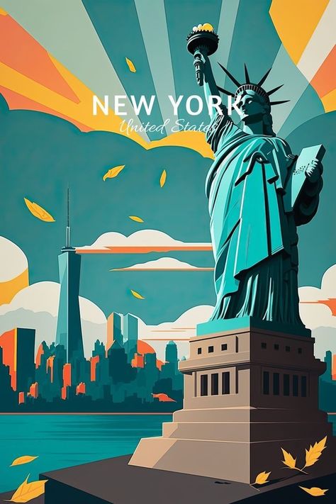 United States Illustration, New York Vintage Poster, New York Illustration Art, Cities Poster, Wanderlust Decor, Vintage Nyc, New York Graffiti, City Icon, New York Vintage