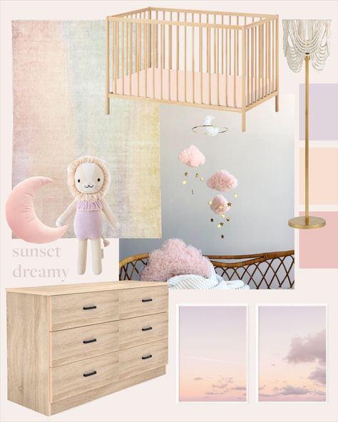 baby girl nursery Pink Cloud Nursery, Cloud Nursery Theme, Girl Nursery Inspiration, Peach Rooms, Moon Stars Nursery, Nursery Inspiration Girl, Sunset Theme, Lavender Nursery, Sky Nursery