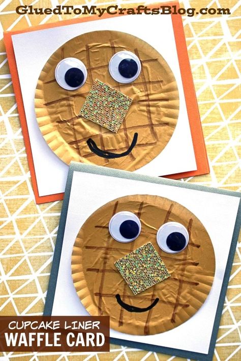 #gluedtomycrafts These smiling cupcake liner waffle friend cards are so clever to give to someone who loves breakfast! You can give them your own spin as well! Waffle Craft Preschool, Waffle Craft, Letters Craft, Preschool Valentine, 2023 Crafts, June Crafts, Prek Ideas, Waffle Day, Friend Cards