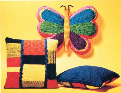 Fanciful Butterfly Crochet Pillow PATTERN  by PearlShoreCat, $1.95 Crochet Butterfly Pillow, Knitted Pillows, Funky Crochet, Crochet Butterflies, Butterfly Cushion, Patchwork Crochet, Butterfly Crochet, Butterfly Pillow, Retro Pillows