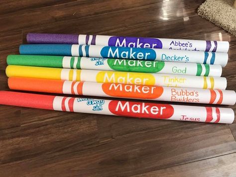 Maker pool noodle markers Maker Fun Factory Vbs, Operation Shoebox, Maker Fun Factory, Dramatic Play Themes, Pool Noodle Crafts, Vbs Themes, Vbs 2024, Diy Back To School, Back To School Party