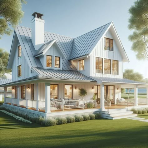 Farmhouse Style Exterior, White Modern Farmhouse, Lake Houses Exterior, Wraparound Porch, Modern Farm House, Exterior Paint Color, Dream Life House, Farmhouse Style House Plans, Casa Exterior