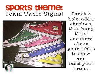 SPORTS THEME DECOR {TEAM TABLE SIGNS} $ Sneaker Classroom Theme, Sports Theme Classroom Door, Sport Theme Classroom Door, Sports Theme Classroom Decorations, Classroom Door Sports Theme, Sports Theme Decor, Team Table, Kindergarten Classroom Management, Red Team