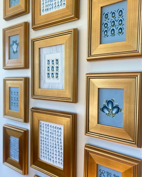 Brass Photo Frame Wall, Unique Framing Ideas For Artwork, Dining Room Collage Wall, Gold Wall Frames, Dorm 2023, Gold Frame Gallery Wall, Large Gallery Wall, Unique Framing, Brass Photo Frame