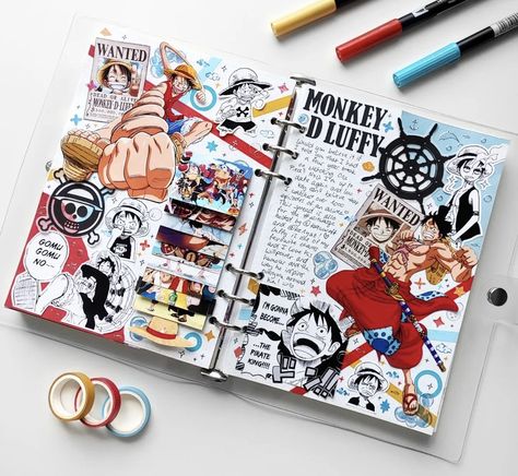 One Piece Anime Journal, One Piece Sketchbook, One Piece Journal Ideas, One Piece Journal, Anime Scrapbook Ideas, Anime Scrapbook, Anime Journal, Bullet Journal Notes, Cool Journals