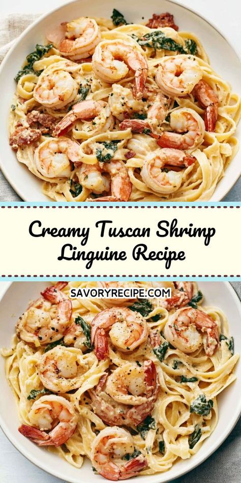 Looking for a delicious way to elevate your seafood dinner? This Creamy Tuscan Shrimp Linguine is a perfect blend of rich flavors and fresh ingredients. Save this recipe for a delightful weeknight meal that will impress your family and friends! Perfect for your next seafood dinner idea! Linguine Recipes Easy, Creamy Tuscan Shrimp, Shrimp Linguine Recipe, Tuscan Shrimp, Seafood Linguine, Shrimp Linguine, Linguine Recipes, Savory Recipe, Creamed Spinach