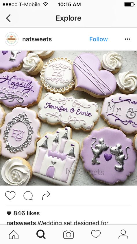 Disney mickey minnie love castle birthday purple silver Disney Wedding Shower, Disney Themed Bridal Shower, Icing Tutorials, Wedding Shower Cupcakes, Wedding Cookies Decorated, Mickey Mouse Wedding, Tangled Wedding, Designer Cookies, Minnie Mouse Cookies