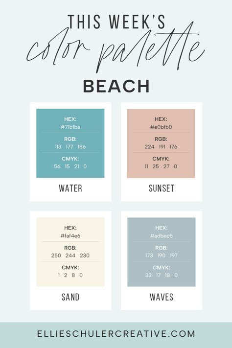 This beach color palette highlights four colors and includes HEX codes and RGB and CMYK swatches for graphic designers. Featuring four beach colors — water, sunset, sand, and waves! Beach Color Palette Hex Codes, Beach House Color Palette, Beach Color Palette, Beach Color Palettes, Bloxburg Town, Beach House Colors, Sunset Beach Weddings, Beach Colors, Brand Colours