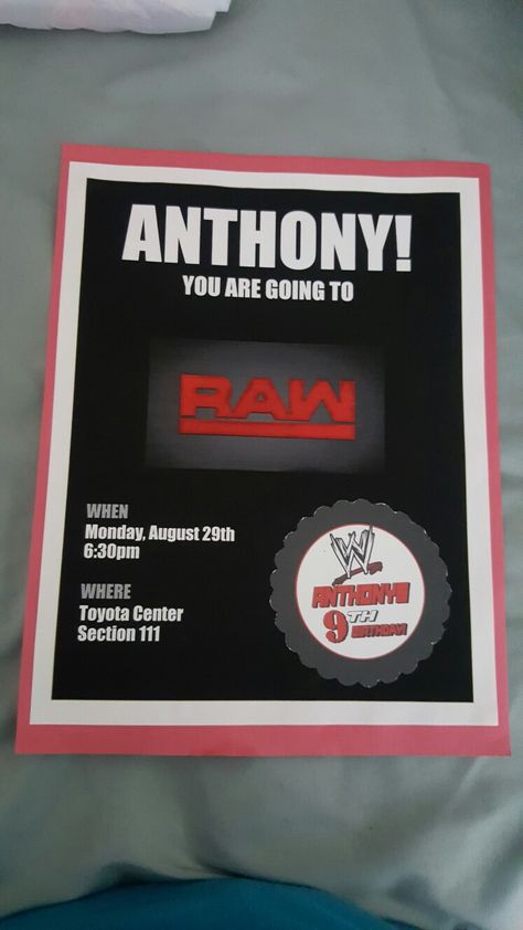 WWE Tickets Birthday Surprise Wwe Tickets, Toyota Center, Boys Gift, Neat Ideas, Boys Birthday, Niece And Nephew, Birthday Surprise, Party Cakes, Birthday Cakes