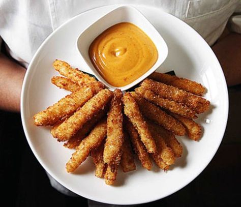 Hearts of Palm Fries with Chipotle Mayo Recipe | SAVEUR Easy Holiday Party Appetizers, Chipotle Mayo Recipe, Holiday Party Appetizers, Heart Of Palm, Holiday Appetizers Recipes, Chipotle Mayo, Hearts Of Palm, Fried Vegetables, Holiday Appetizers