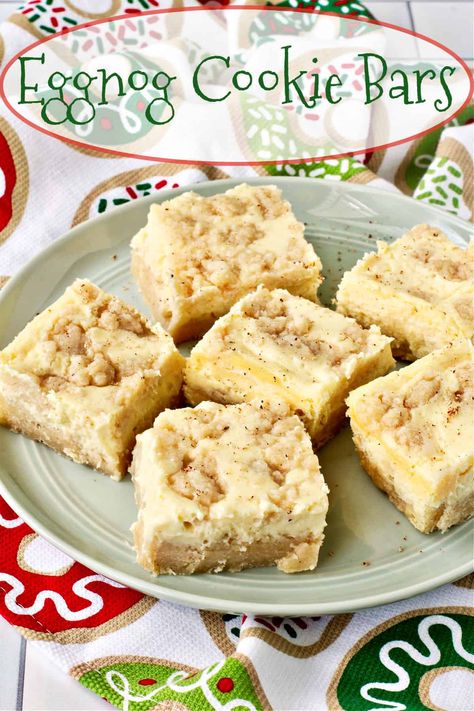 Eggnog Cookie Bars Eggnog Cookies Christmas, Eggnog Cheesecake Bites, Eggnog Thumbprint Cookies, Baking With Eggnog, Eggnog Shortbread Cookies, Eggnog Baking Recipes, Eggnog Cookies Recipe, Eggnog Squares, Eggnog Sugar Cookies