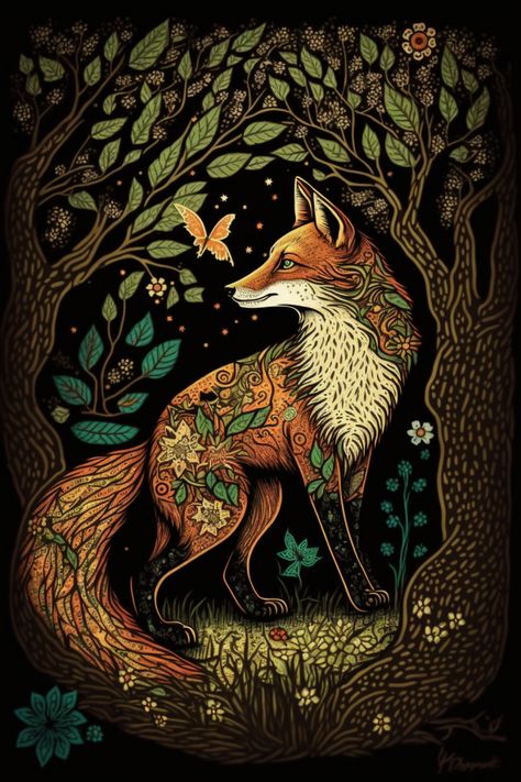 Celestial Fox Art, Forest Fox Art, Aesthetic Fox Drawing, Pictures Of Foxes, Fox Art Illustration, Fox Illustration Art, Fox In Forest, Forest Animal Art, Fox Background