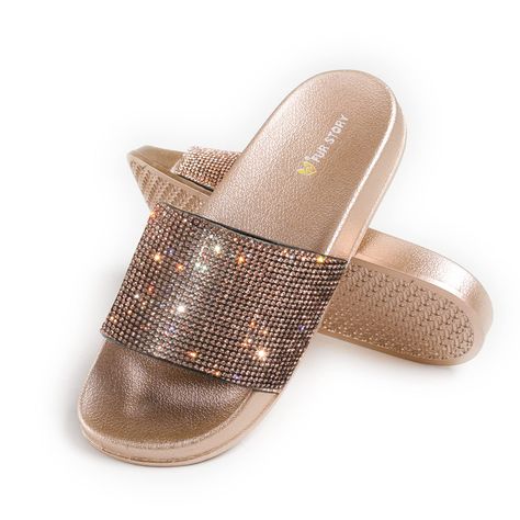 Fur Story Womens Slides House Slippers Rhinestone Glitter Slides Cozy Bedroom Slippers Shower Shoes Cute Slippers for Women P Gold Slippers, Glitter Slides, Christmas Slippers, Shower Shoes, Women Platform Sandals, Bedroom Slippers, Shoes Cute, Cute Slippers, Open Toe Slippers