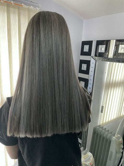 Grey ash tone balayage. Silver highlights Dark Asian Hair, Grey Highlights, Silver Highlights, Silver Grey Hair, Asian Hair, Grey Hair, Ash, Highlights, Long Hair Styles