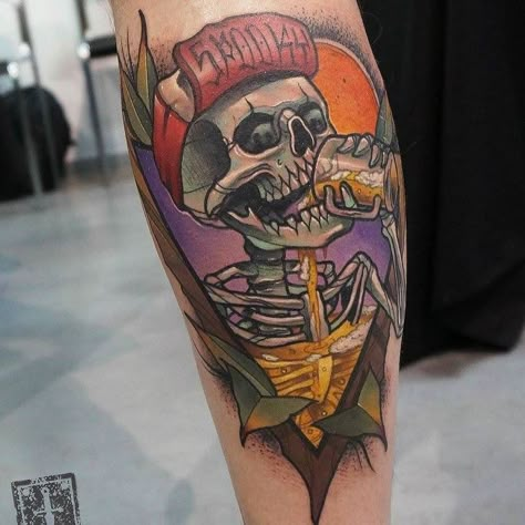 Guzzlin’ skeleton tattoo done by @siemor_ntc | www.otzi.app Hot Dog Tattoo, Winter Tattoos, Eternal Tattoo Ink, Beer Tattoos, Chicago Hot Dog, Rockabilly Tattoo, Neo Trad Tattoo, Colorful Tattoos, Skeleton Tattoo