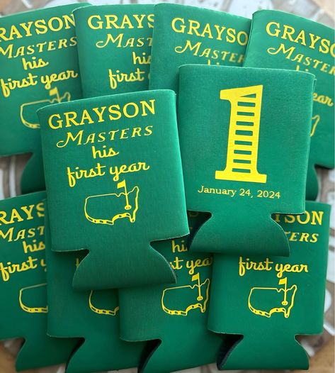 Masters Party Favors, Masters His First Year, First Birthday Favor, Golf Birthday Party, Mastered First Year, Let's Par-Tee, Masters First Year Can Personalized First Birthday Can Coolers are the perfect keepsakes for your friends and family to remember your special day. Cheers to a fun and memorable Masters Themed Birthday Party! Listing includes your personalized details in color of choice.  **Can Coolers fit 12 oz cans.  **LIsting includes - 1 Personalized Foam can cooler in color of choice a Masters Birthday Party Baby, Golf 1st Birthday Photoshoot, Masters Baby Birthday, Mastered His First Year Birthday, Golf Themed First Birthday Party Food, Hole In One 1st Birthday Party, Mastered First Year Birthday Party Golf, 1st Birthday Boy Golf Theme, Whole In One Golf First Birthday