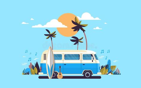 Summer vacation surf bus sunset tropical beach retro surfing vintage melody greeting card horizontal template poster vector illustration Melody Poster, Surfing Vintage, Horizontal Illustration, Sunset Tropical, Beach Retro, Poster Flat, ポップアート ポスター, Sunset Surf, Bus Card