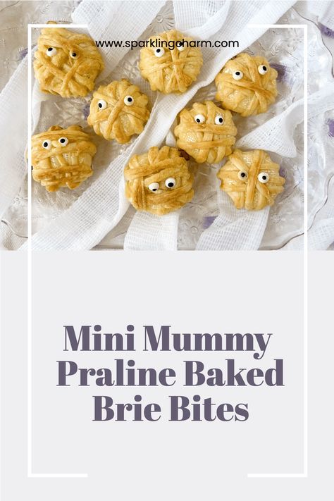 Looking for and Easy Appetizer For a Halloween Party? These Halloween 3 Ingredient Puff Pastry Mini Mummy Baked Brie Bites are a tasty ooey gooey savory spooky winner! PS Add a candied pecan and woosh! You have Mini Mummy Praline Baked Brie Bites! Mummy Baked Brie Halloween, Mummy Brie, Baked Brie Bites, Candied Pecan, Halloween Tea Party, Brie Appetizer, Sliced Apples, Brie Bites, Mini Appetizers