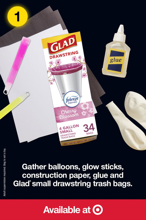 Brighten the Halloween spirit on your block with this simple do-it-yourself Halloween crafting project that your family can do together. All you need are balloons, glow sticks, construction paper, glue—and of course, Glad® Trash Bags. Step 1: Gather supplies. Step 2: Activate glow stick, insert it into balloon, and blow-up balloon. Step 3: Tie blown-up balloon in a Glad® small drawstring trash bag. Step 4: Create faces with construction paper and glue onto bag. Halloween School Crafts, Halloween Crafting, Blowing Up Balloons, Easy Diy Halloween Decorations, Homemade Halloween Decorations, Fun Halloween Crafts, Glow Stick, Paper Glue, Homemade Halloween