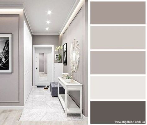 Modern Home Colors Interior, Minimalist Wall Color Living Rooms, Modern Interior House Colors, Gray Home Interior Ideas, Modern House Color Palette, Home Wall Color Ideas, House Color Schemes Interior, Vstupná Hala, Modern Hallway Ideas