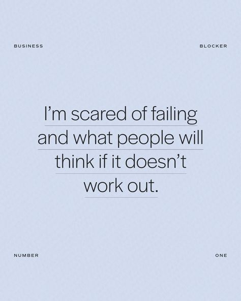 I've felt all of these business blockers (and many more 🙄) at some point back when I started my own business. But these worries and concerns haven't held me back from taking steps towards building the business of my dreams. Q. I’m scared of failing and what people will think if it doesn’t work out. A. The fear of failure is actually a sign that you care deeply about what you’re doing, and that’s your strength. Failure isn’t the opposite of success — it’s a part of the process. Every success... Scared Of Failure, Logo Portfolio, The Fear Of Failure, Fear Of Failure, I M Scared, Portfolio Logo, My Own Business, The Fear, Own Business