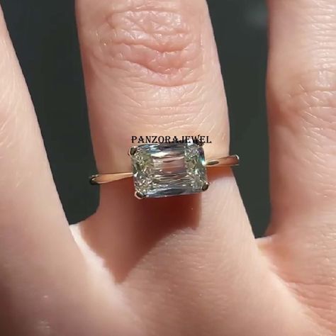 Engagement Ring Solitaire, Emerald Cut Moissanite, Engagement Ring Diamond Cut, Diamond Solitaire Engagement Ring, Three Stone Rings, Art Deco Ring, Moissanite Ring, East West, Moissanite Rings