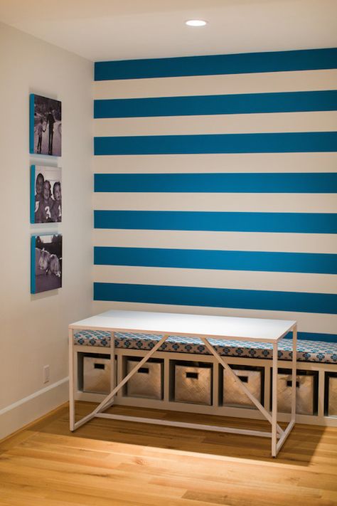 Horizontal Stripes On Wall, Striped Walls Horizontal, Blue Striped Walls, Kids Hangout Room, Twin Beds For Boys, Boys Room Blue, Homework Room, Window Seat Storage, Boys Room Design