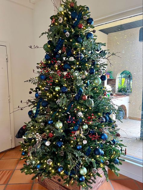 Navy Green White Christmas, Red Blue Gold Christmas Tree, Blue And Green Christmas Tree Ideas, Navy And Green Christmas Tree, Navy And Burgundy Christmas Decor, Red Green Blue Christmas Tree, Green And Blue Christmas Tree, Blue And Green Christmas Tree, Navy Blue Christmas Tree