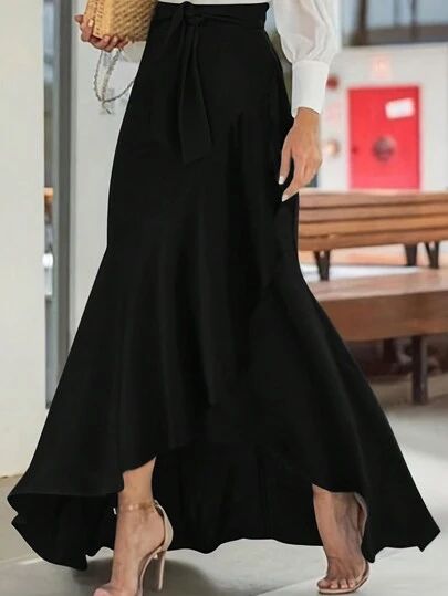 Ruffle Long Skirt, Womens Skirt Outfits, Long Black Skirt, Maxi Skirts Summer, High Waist Long Skirt, Irregular Skirt, Long Skirt Fashion, Solid Skirt, Rock Outfit