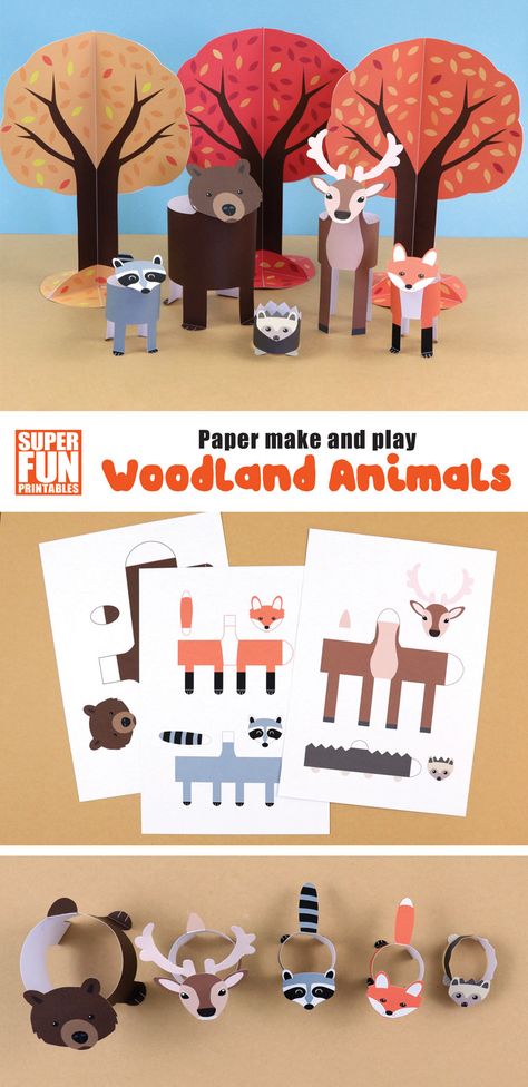 Create a fun woodland animal themed playset complete with a forest of paper trees in Fall with this printable template. This is a fun and easy DIY paper toy kids can make #kidscrafts #woodlandanimals #printablecrafts #papercrafts #smallworlds #Fall #autumn #thecrafttrain #superfunprintables Easy Paper Animals, Woodland Paper Crafts, Forest Animals Craft, Paper Forest Trees, Paper Forest, Forest Animal Crafts, Fun Printables For Kids, Forest Crafts, Diy Paper Toys